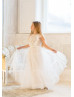 Ivory Lace Tulle Floor Length V Back Boho Flower Girl Dress